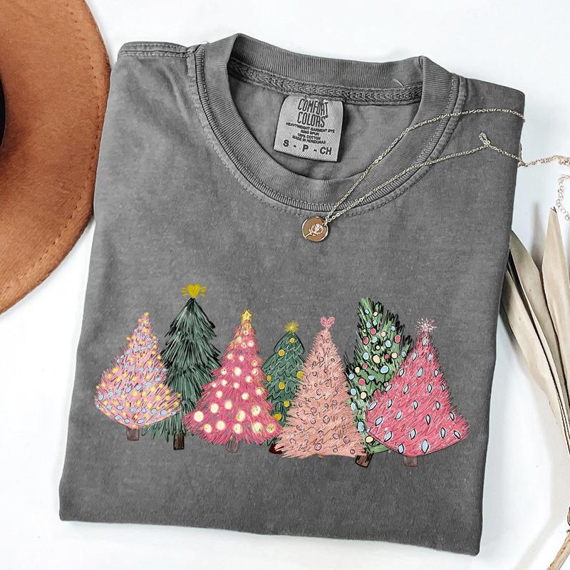 Sketched Christmas Trees, Christmas Heart, Vibrant, Winter, Snow, Xmas Tshirt, Christmas Comfort Colors Tshirt, Women's Graphic Tee, Xmas, Santa, Wint