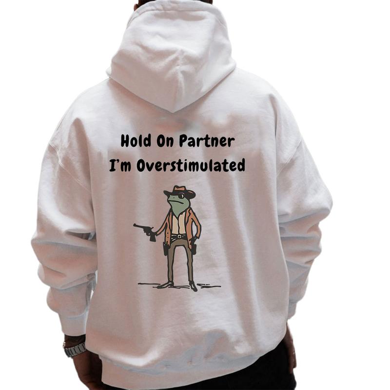Hold On Partner Im Overstimulated Hoodie, Cowboy Frog Hoodie, Gen Z Hoodie, Funny Meme Back Side Printed Hoodie Unisex