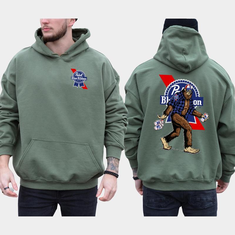Men's Biggfoot Holding Pabst Blue Ribon 2-Sided Hoodie, Beer Drinking Hoodie, Funny Bigfooot Pullover, Unisex Drinker Tops, Cotton Classic Menswear