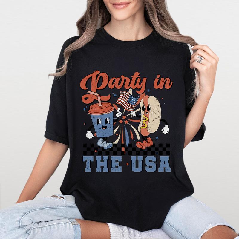 Retro Party In The USA Shirt, 4th Of July Shirts, Gift For Her, Indenpendence Day Gifts, Funny Fourth Of July Shirts, USA Hot Dog Funny Tee, USA Patriotic Tee, Shirt For Women, Trendy Celebration Shirt, Women's Tops Casual Comfort Womenswear Breathable