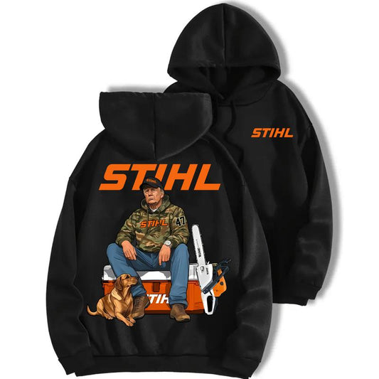 Stihl Trump Hoodie with Chainsaw Graphic Tee for Men - Full Color Cotton T-Shirt - Classic Menswear Camo