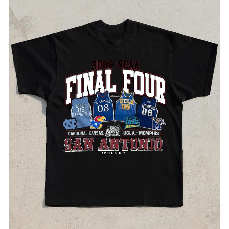 Vintage 2008 NCAA Final Four San Antonio T-Shirt Carolina Kansas UCLA Memphis Top Unisex  Cotton Menswear Retro football fan Tshirt Streetwear