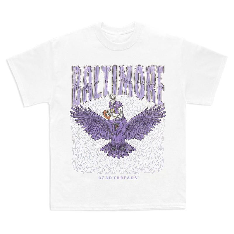 Baltimore football, Deadman's Raven Graphic T-Shirt, Full Cotton, Men's Top Women's Top, American Football Team, For Men And Women Fabric Menswear Retro Print Womenswear