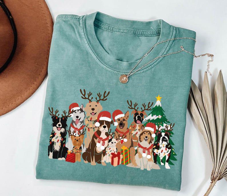 Christmas Dogs Shirt, Dog Lover Christmas Shirt, Holiday Shirt, Christmas Dog Gift, Cute Gift for Dog Lover, Dog Mom Shirt Cotton Tshirt, Casual Round