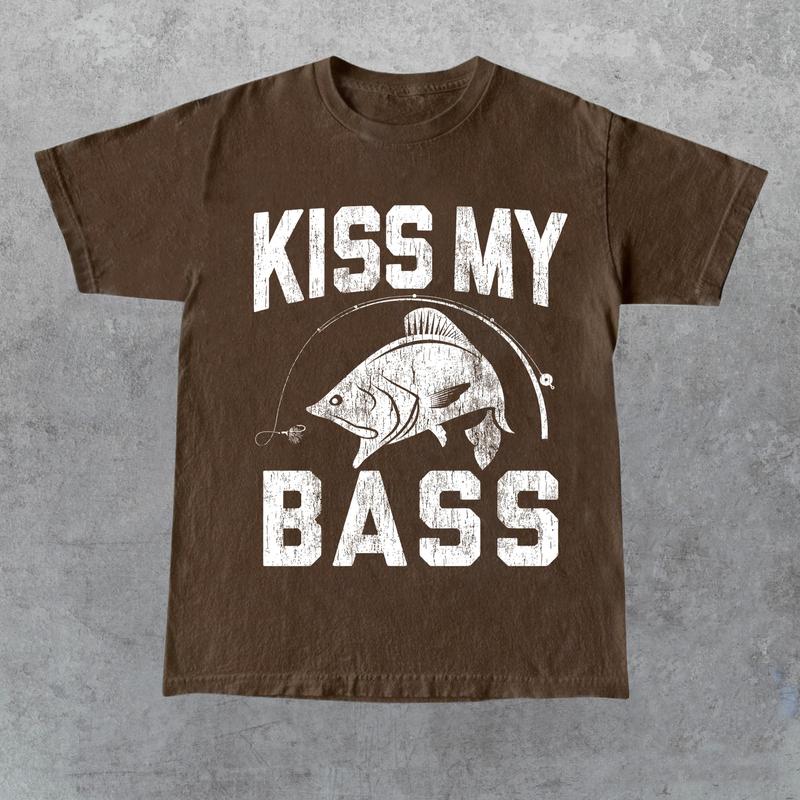 Fathers Day Fishing T-shirt, Humor Angling Shirt, Punny Gag Meme Fisherman Loose Fit Tee, Joke Fishing Gifts, Kiss My Bass Shirt