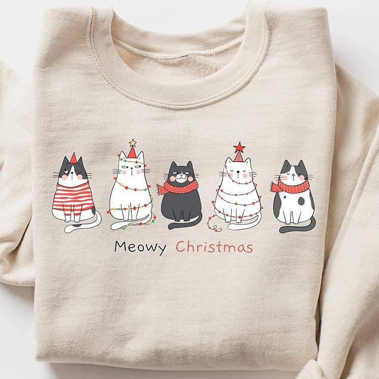 Meowy Christmas Crewneck Sweatshirt, Funny Cat Christmas Hoodie, T-shirt