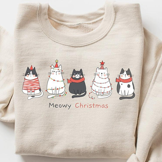 Meowy Christmas Crewneck Sweatshirt, Funny Cat Christmas Hoodie, T-shirt