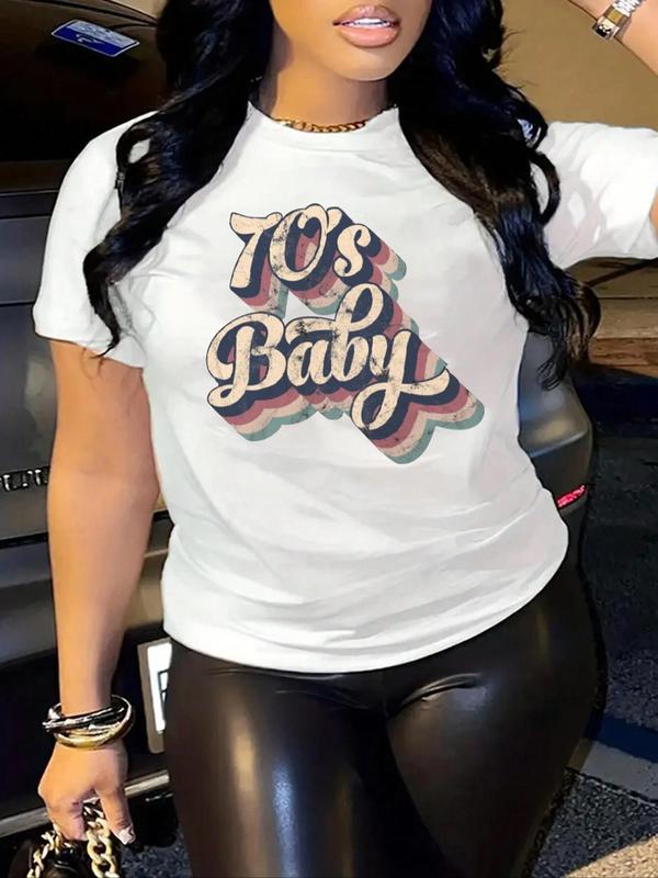 Women's 70's Baby Print Round Neck Graphic Tee, Vintage Graphic Tees, Trendy Casual Short Sleeve T-shirt, T Shirts for Women, Summer Outfits 2024, Lad
