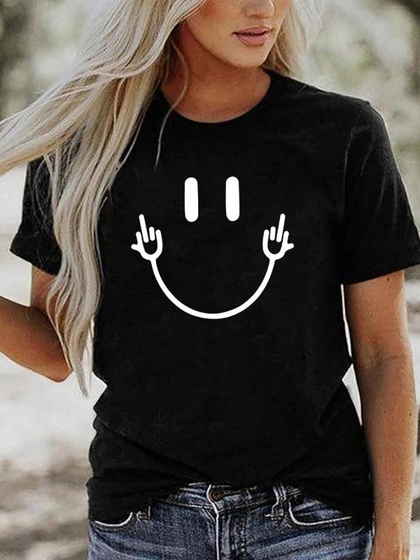 Women's Smile Face Graphic Round Neck Short Sleeve Tee, Fashion Casual Crew Neck T-shirt for Daily Holiday Vacation Outdoor Wear, Ladies Clothes for A