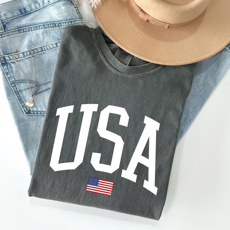 USA Flag, America, Patriotic, White, 4th of July Tshirt, Women's Crew Neck, Crewneck