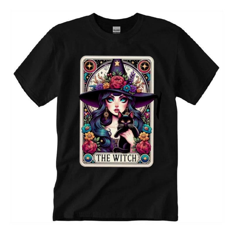The Witch Tarot Card T-shirt, Gothic Shirt, Pretty Witchy Vibes Wicca Pagan Black Cat Cool Tarot T-Shirt Unisex Classic Cotton