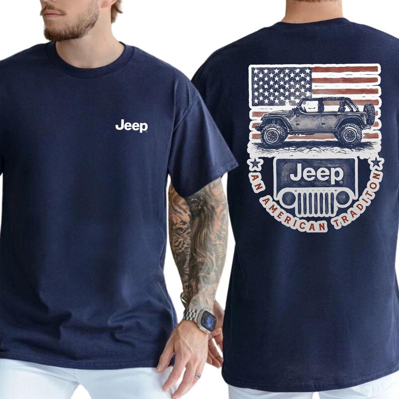 Vintage American Flag Jeep Car 2-Sided Shirt for Men, Men's Patriotic USA Flag Tee, Car Enthusiast Gift Ideas, Classic Menswear, Cotton Tops