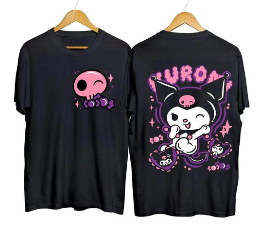 Kuromi T-Shirt Kawai Harajuku Anime My Melody Sanrio Font & Black Shirt All Size Menswear Top wompwompmrcomershirt Polyester Underwear
