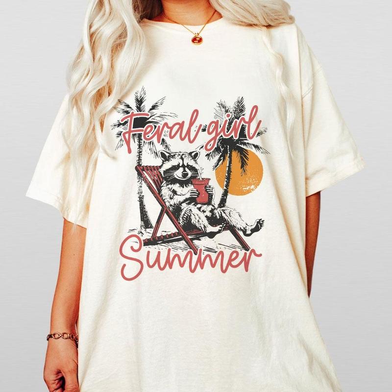 Feral Girl Summer Shirt, Feral Women Comfort Tee, Racoon Lover Shirt, Funny Raccoon T-Shirt, Beach Shirt, Beach Vacation Outfits, Trendy Summer Design, Feral Women Tops