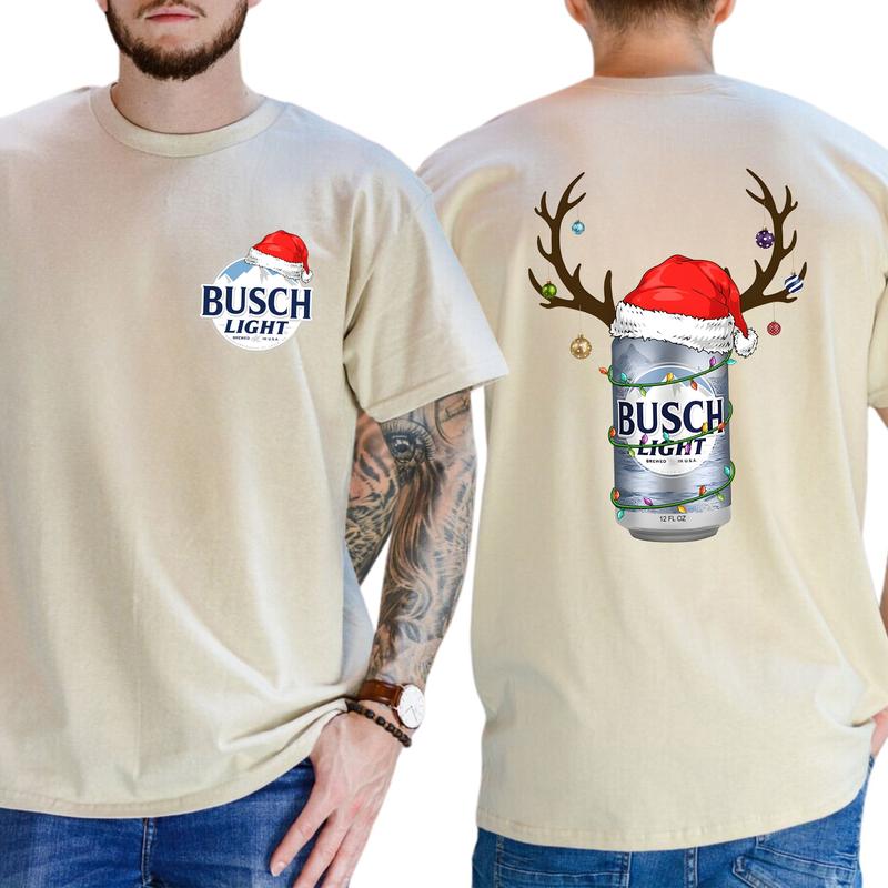 Christmas Deer Busch Light 2-Sided Shirt, Funny Men's Beer Drinking Tee, Drink Tops for Men, Christmas Drinker Tshirt, Classic Cotton Casual Menswear