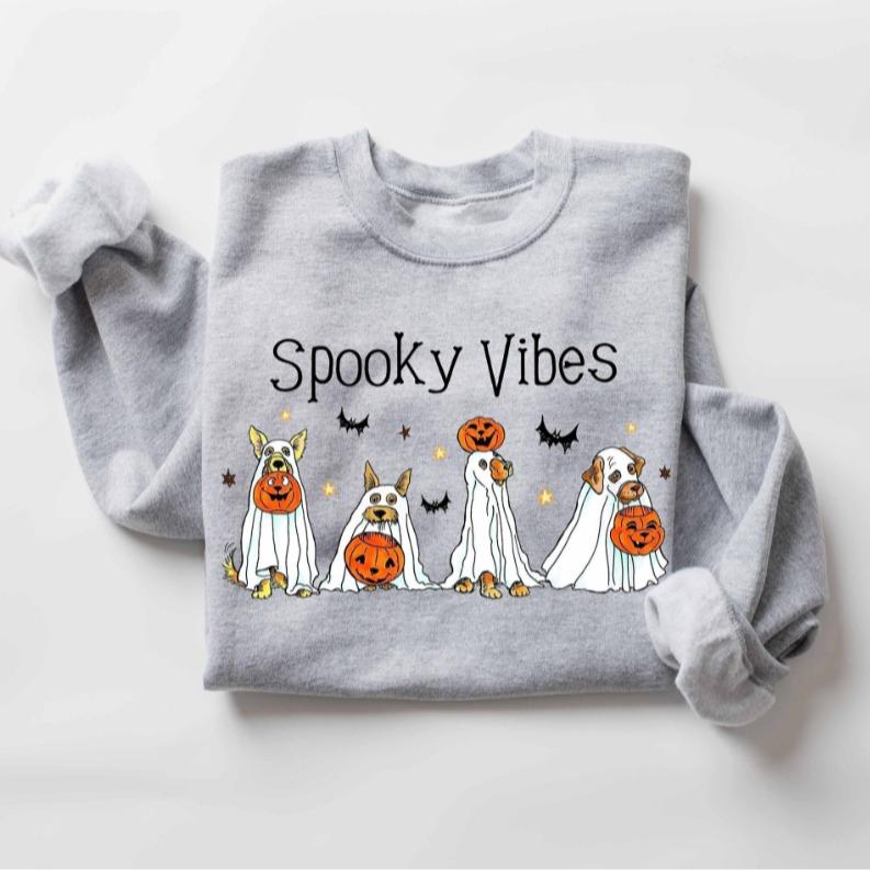 Halloween Ghost Dog Shirt - Sweatshirt - Hoodie, Happy Retro Spooky Vibes Season Graphic Tee, Retro Halloween Shirt, Full Color, For Men, For Women, C