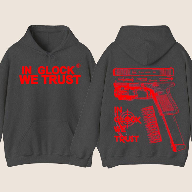 IN GLOCK WE TRUST Double Side Hoodie - Full Color - Red Design, Unisex Sweatshirt with Long Sleeve, Glock Shirt