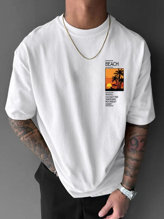 Men's Landscape & Letter Print Drop Shoulder GraphicÃ‚Â Tee, Regular Fit Casual Short Sleeve Round Neck T-shirt, Fashion Men's Summer Top for Daily Wear