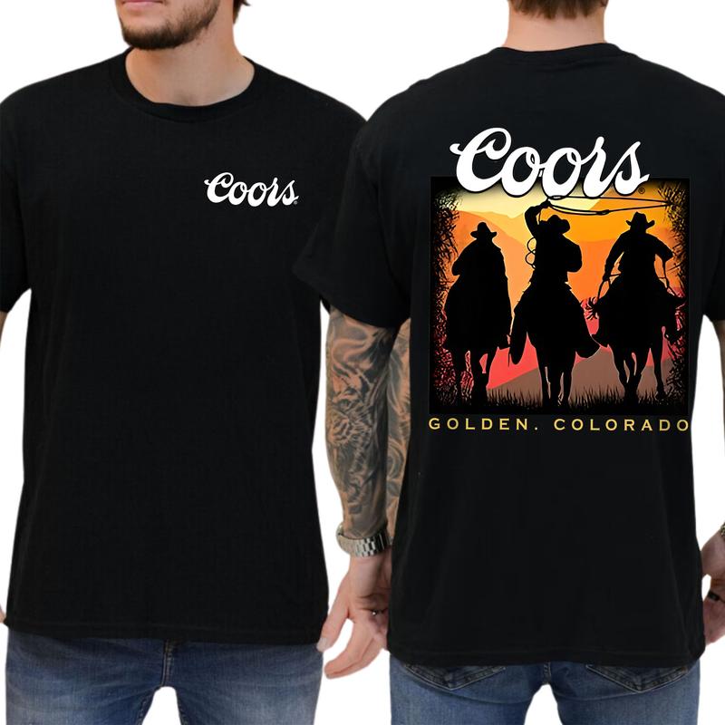 Men's Vintage Sunset Coors Cowboy Shirt 2-Sided, Wild West Cowboy Unisex Graphic Tshirt, Gift For Men, Soft Fabric Casual Menswear, Classic Cotton Top