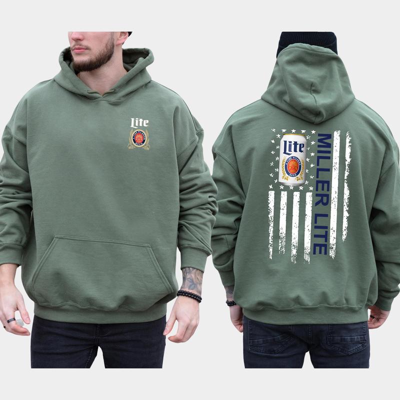 Men's Beer Miller Lite Flag 2-Sided Hoodie, American Flag Beer Drinking Hoodies, Unisex Drink Tops, Drink Sweaters for Him, Comfort Cotton Casual Menswear, Long Sleeve Pullover