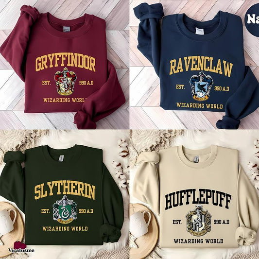 Vintage Hogwarts Houses Sweatshirts, Bookie Sweatshirts, Fantasy Wizard Shirt, Christmas Gift For Family, Gift For Men and Women, Full Size, Full Colo