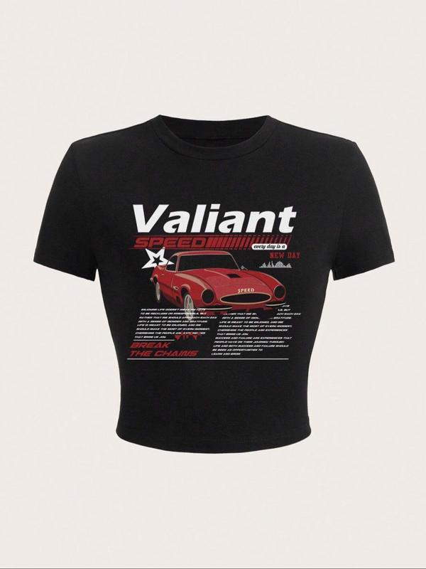 Women's Car & Letter Print Round Neck Crop Tee, Casual Short Sleeve T-shirt, Summer Clothes, Graphic Tees, Going Out Top, Ladies Summer Clothes for Da
