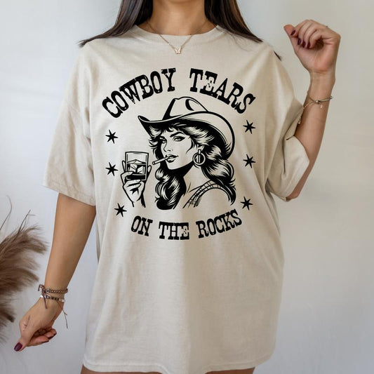 Cowboy Tears on the Rocks- T-Shirt -  Print is Sublimation, Unisex T-Shirt, Funny Tee,Gift Idea, Relaxed Fit, Casual Apparel, Great with Jeans, Womens