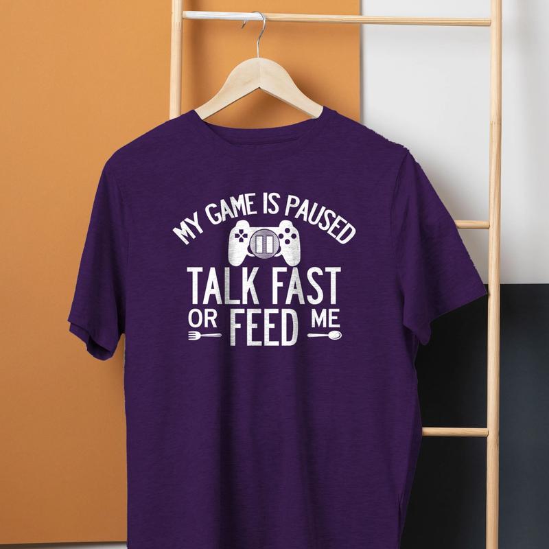 Funny Gamer T-Shirt - Gamer Gifts for Gamers, 'Talk Fast or Feed Me' Tee, Boys Gaming Shirt, Men's Top Tee Clothing, Gift for Best Friend, Gift for Hi