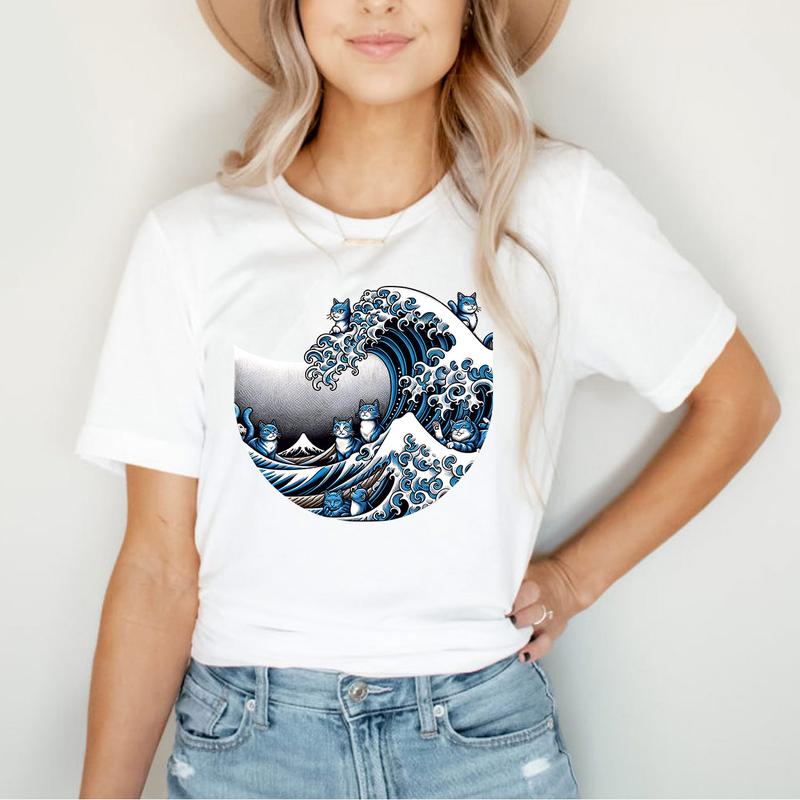 Blue Wave Cat For Kamala Shirt, Ukiyo-e Inspired Japanese Artistic Cat Lover Tee, Trendy Cat Wave Shirt, Kamala Harris 2024 Shirt Top Womenswear