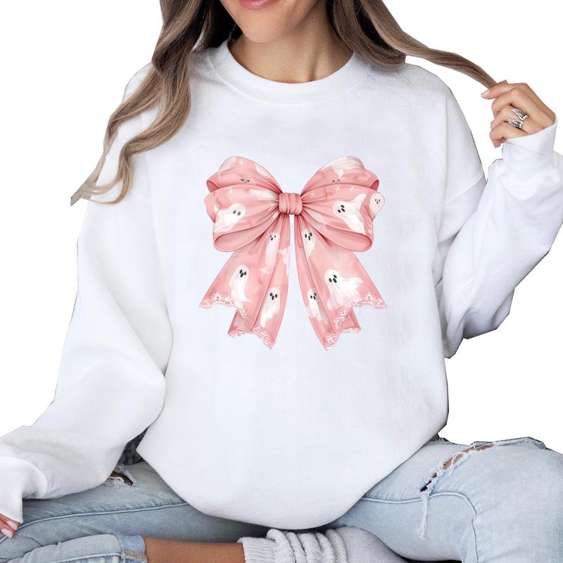 Pink Halloween Coquette Bows Sweatshirt, Spooky Season Sweatshirt Unisex Classic Collar