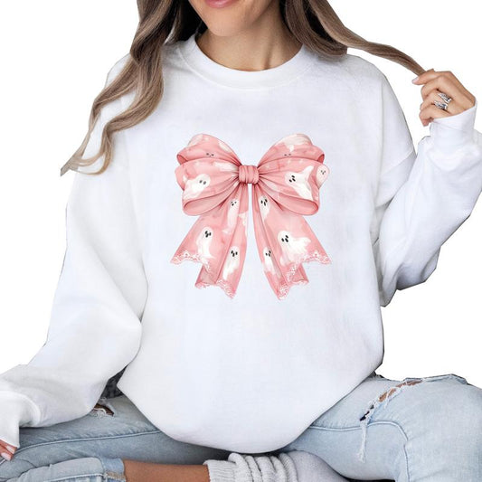 Pink Halloween Coquette Bows Sweatshirt, Spooky Season Sweatshirt Unisex Classic Collar