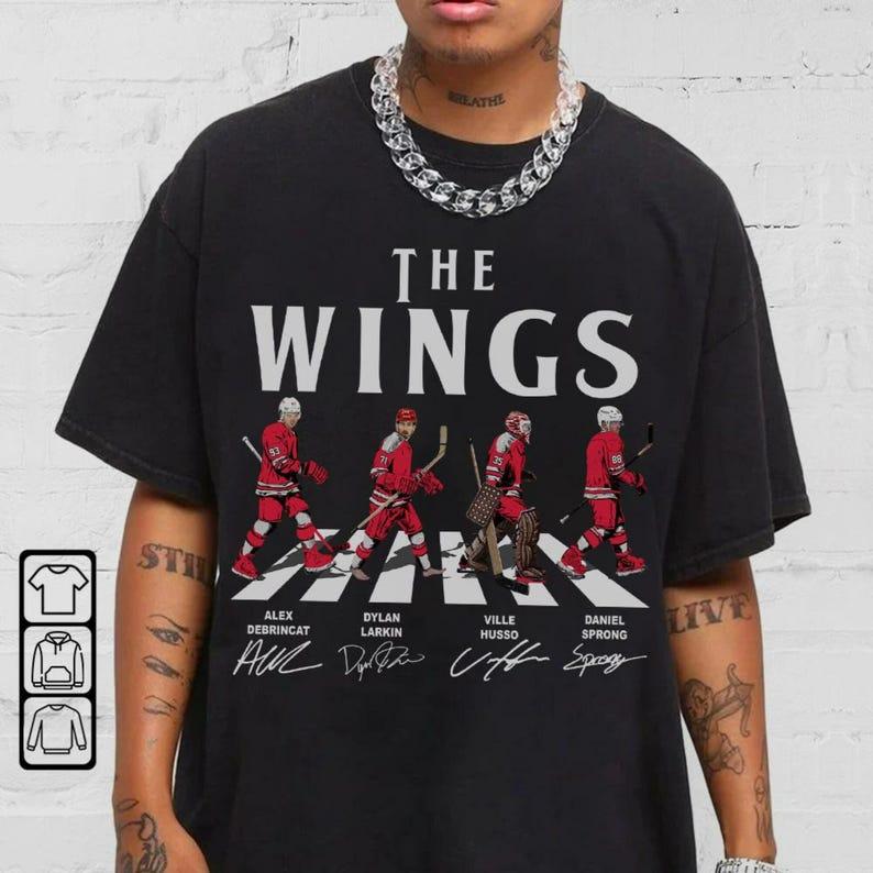 Wings Walking Abbey Road Signatures Ice Hockey Shirt, Alex DeBrincat, Dylan Larkin, Daniel Sprong, Ville Husso, Detroit Red Vintage