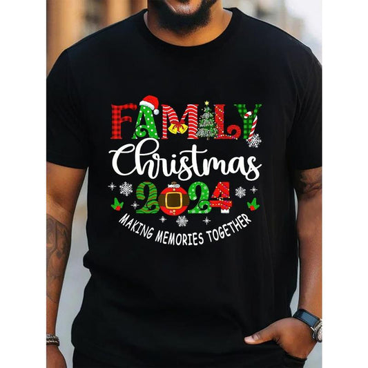 Family Christmas 2024 Casual Cotton T-Shirt for Men, Couple Matching Crew Neck Top with Slight Stretch, Knit Fabric Regular Fit, Summer Weekend Casual