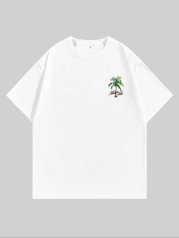 MMen's Coconut Tree & Letter Print Short Sleeve Tee, Regular FitÂ Casual Streetwear Graphic Round Neck T-Shirt, Graphic Tees,Â Men's Summer Graphic Tees Outfits