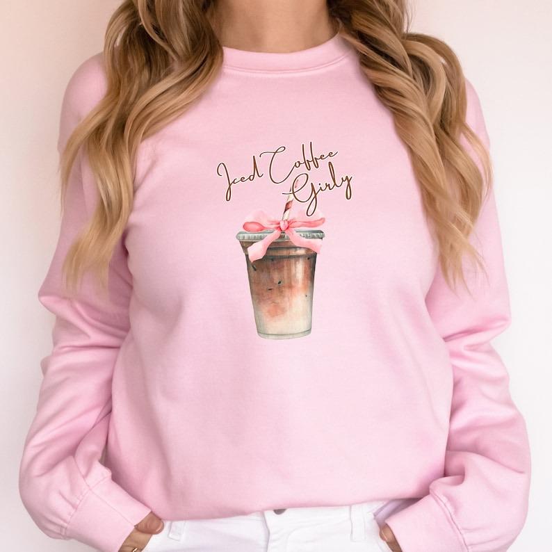 Iced Coffee Girly Sweatshirt, Iced Coffee Girl Crewneck, Coquette Coffee Shirt, Coquette Clothing, Coffee Lover Gift, Pink Bow Iced Coffee, Trendy Cof