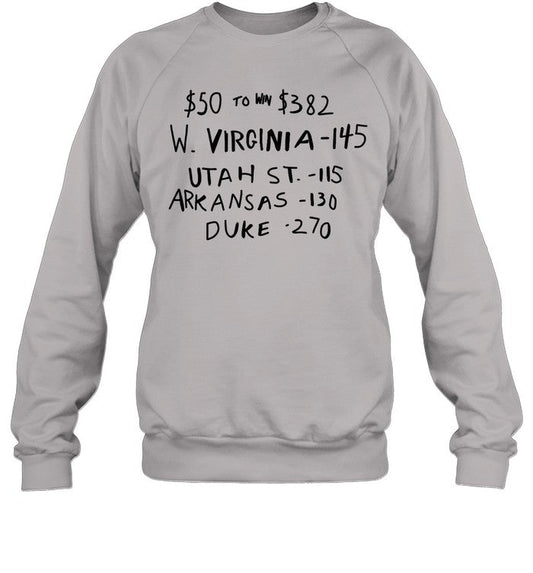 $50 To Win $382 W. Virginia -145 Utah St.- 115 Arkansas-110 Duke -270 Sweatshirt