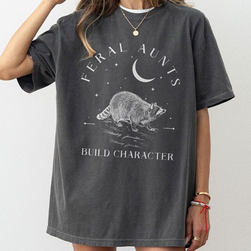 Feral Aunts Build Character Shirt, Raccoon Lover Aunt Shirt, Vintage Raccoon Art Crescent Moon Tee, Whimsigoth Aunty Tee, Aunty Shirt, Weird Gifts For