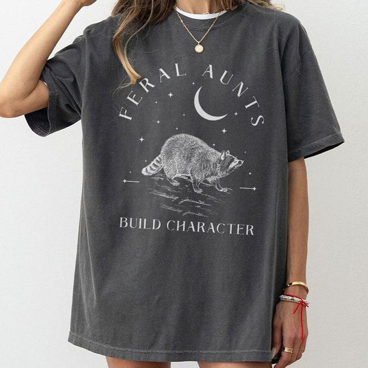 Feral Aunts Build Character Shirt, Raccoon Lover Aunt Shirt, Vintage Raccoon Art Crescent Moon Tee, Whimsigoth Aunty Tee, Aunty Shirt, Weird Gifts For