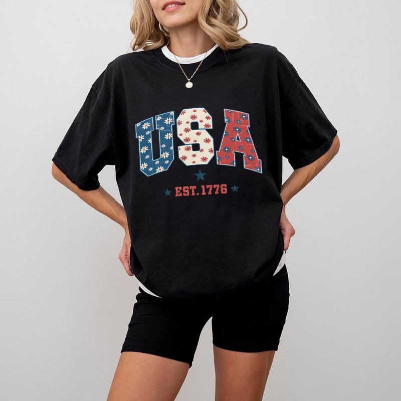 1776 America 4th of July Shirt, USA Floral Flowers Shirt, Comfort Shirt for Women, Retro America Shirt, 1776 Shirt, Comfort Oversized Tshirt, Independence Day Shirt for Her, Him, American Flag Tee, Fourth of July Shirt T-Shirt, July 4th Shirt, Women Top