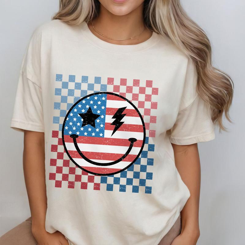 Retro Smiling 4th Of July Shirt, Patriotic Shirt, 4th Of July Checkered Shirt, America Shirt, Independence Day T Shirt, USA Flag Shirt, Funny 4th of July Gift T-shirt, American Tee, Independence Day Parade Outfits, 4th Of July Women Top Casual Comfort