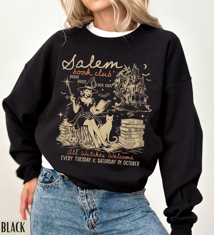 Salem Book Club Sweatshirt, Halloween Crewneck, Retro Halloween Sweatshirt, Vintage 90s Witch Sweatshirt, Halloween Cat Shirt, Bookish Gift, Bookish M