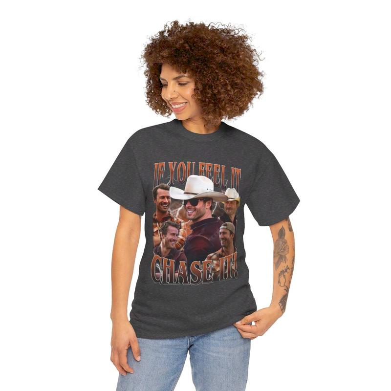 If You Feel It Chase It Heavy Cotton Tee - Glenn Powell - Twisters Movie Shirt - Tornado Movie - Glenn Powell Cowboy Hat Shirt - Twister T Shirt