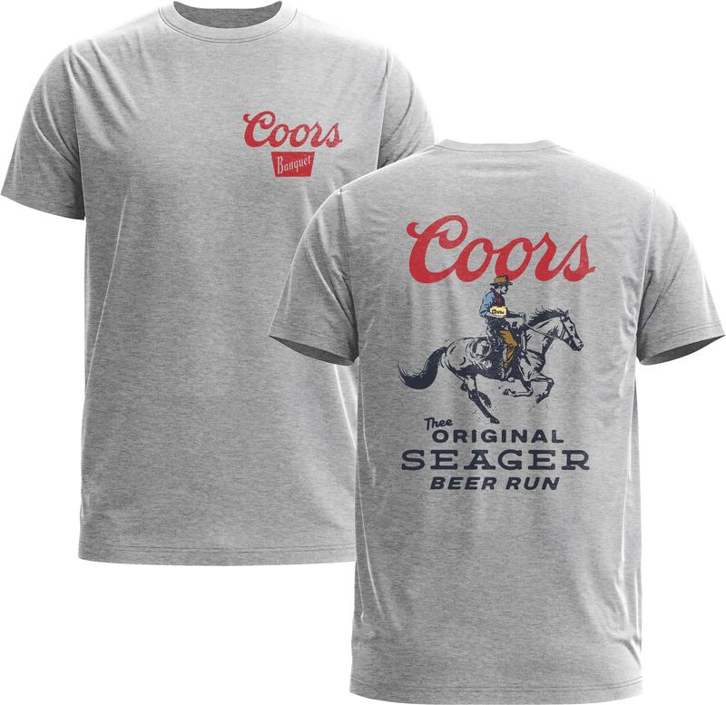 Seager X Coors Beer Run Tee, Western 90s Cowboy, Coors Wildwest Retro Rodeo Outfit - Gildan 5000 Graphic Shirt, Heavy Cotton, Menswear Man