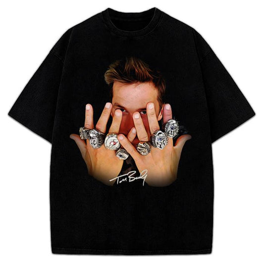 Tom Brady 7 Rings Greatest Of All Time T-Shirt Graphic Tee Football Crewneck Cotton Menswear Soft