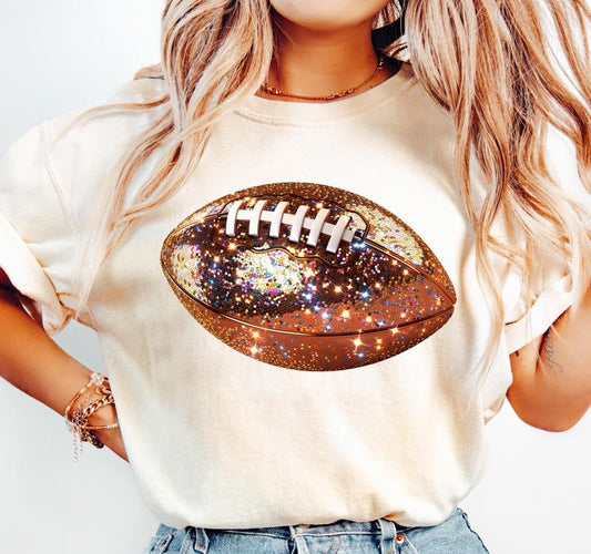 Football Bow Glittery Graphic Printed Shirt, Coquette Football Sweatshirt, Full Sizes, Full Color Cotton, Unisex Round Neck T-shirt for Men for Women