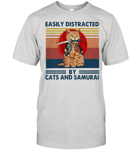 Easily Distracted By Cats And Samurai Vintage Retro shirt