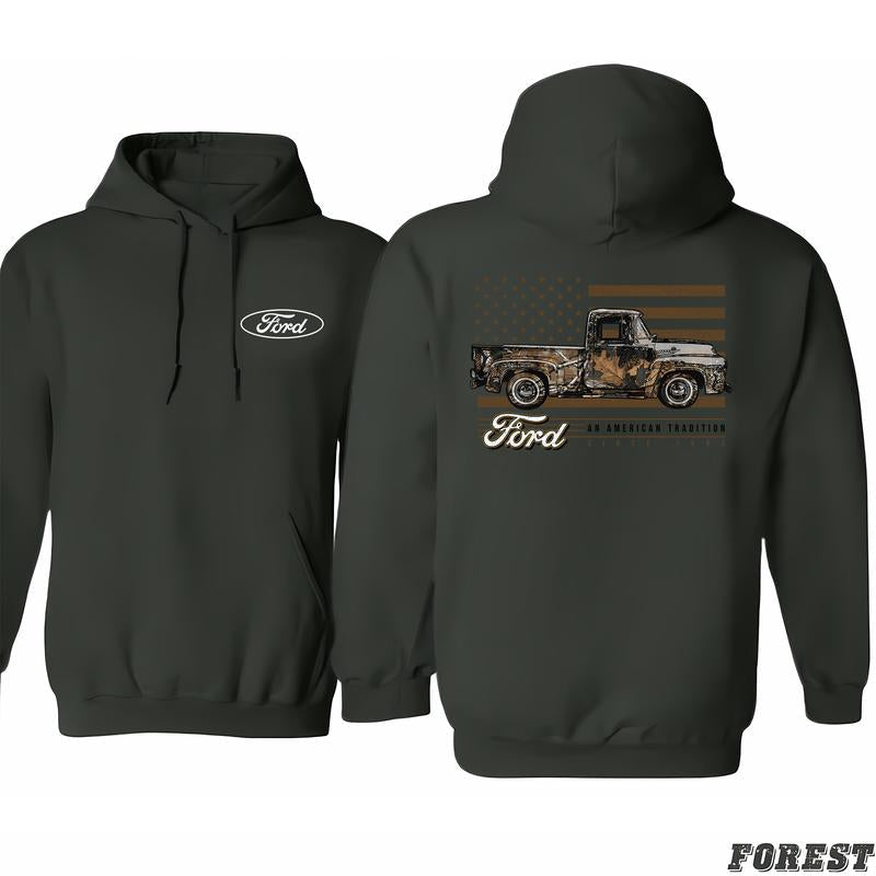 Ford Camo Truck T-shirt With â€œAn American Tradition Since 1903â€ Hoodie, Dynamic Prints, Fashion Selections For All, Menswear Unisex, Classic Cotton