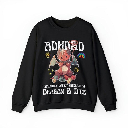 ADHDnD Crewneck Sweatshirt - Attention Deficit Hyperactive Dragon & Dice Pullover - DM's Gift, Dungeons and Dragons