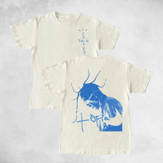 Travis Utopia Cactus Slash Blue Double Sides Front And Back Premium Cotton T-Shirt Cotton Unisex Shirt Rap Shirt Rapper Rap Tee Hiphop Shirt Music Tou