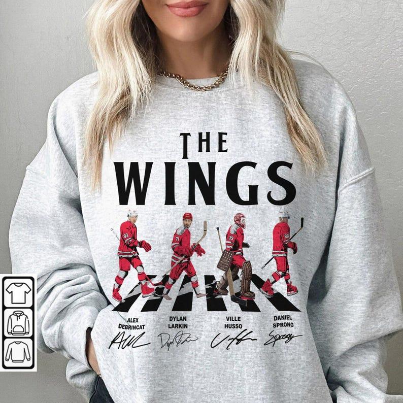 Wings Walking Abbey Road Signatures Ice Hockey Shirt, Alex DeBrincat, Dylan Larkin, Daniel Sprong, Ville Husso, Detroit Red Vintage
